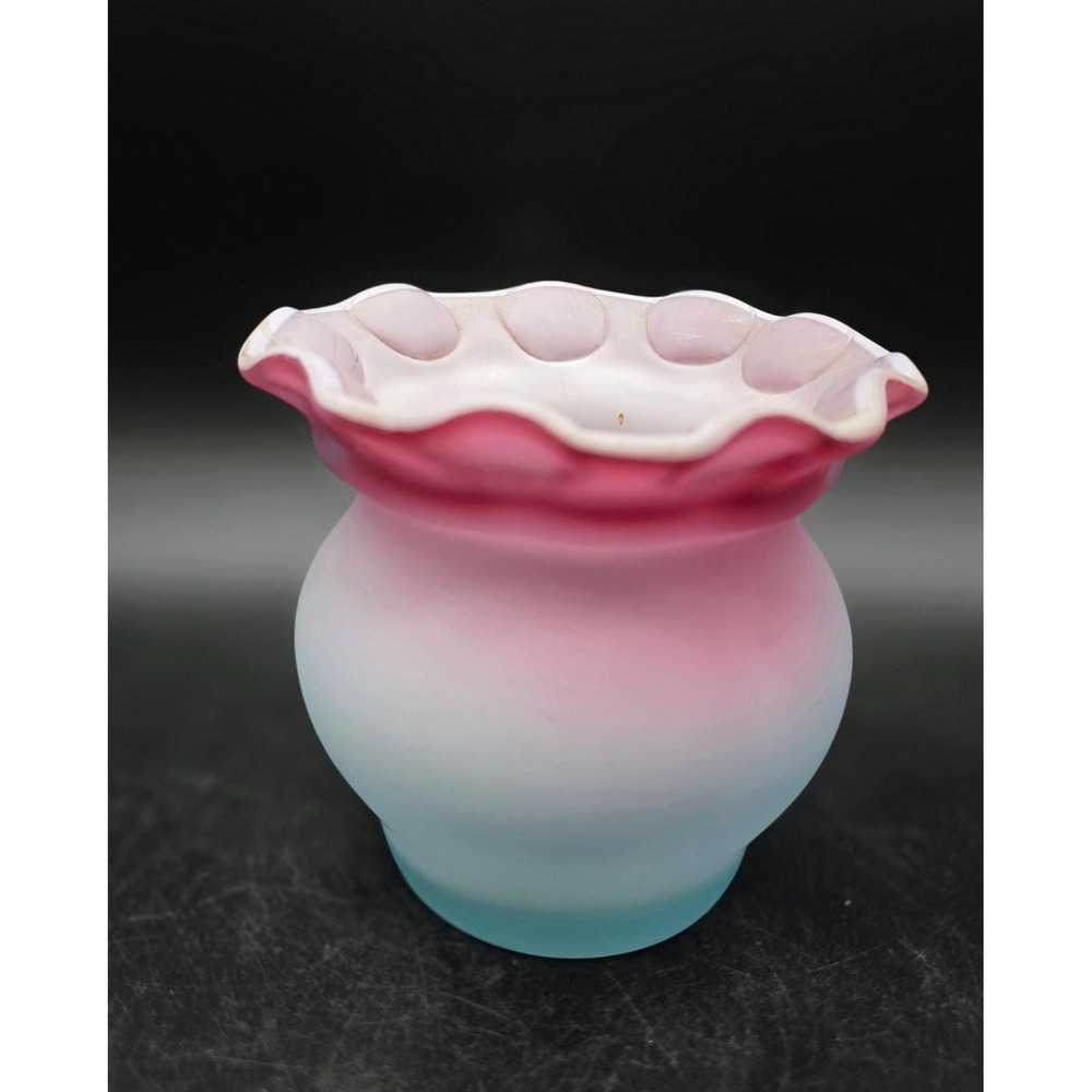 Vintage Murano MOP Burmese Satin Glass Pink White Blue Ruffled Thumbprint Vase